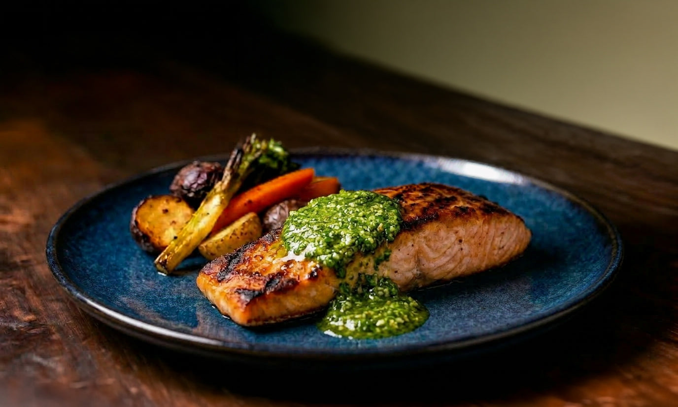 Basil Pesto Salmon with Crispy Capers
