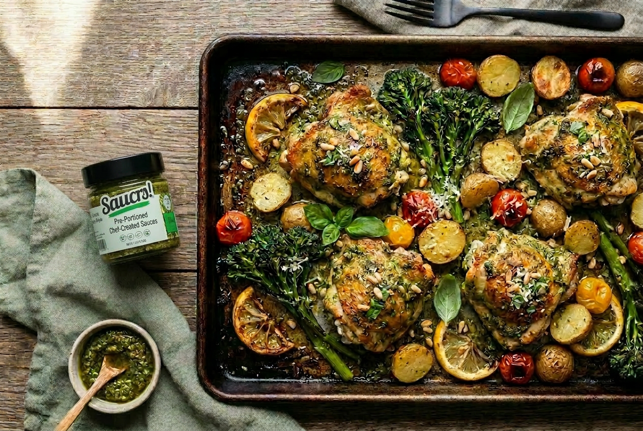 Pesto Chicken Sheet Pan with Zucchini and Lemon
